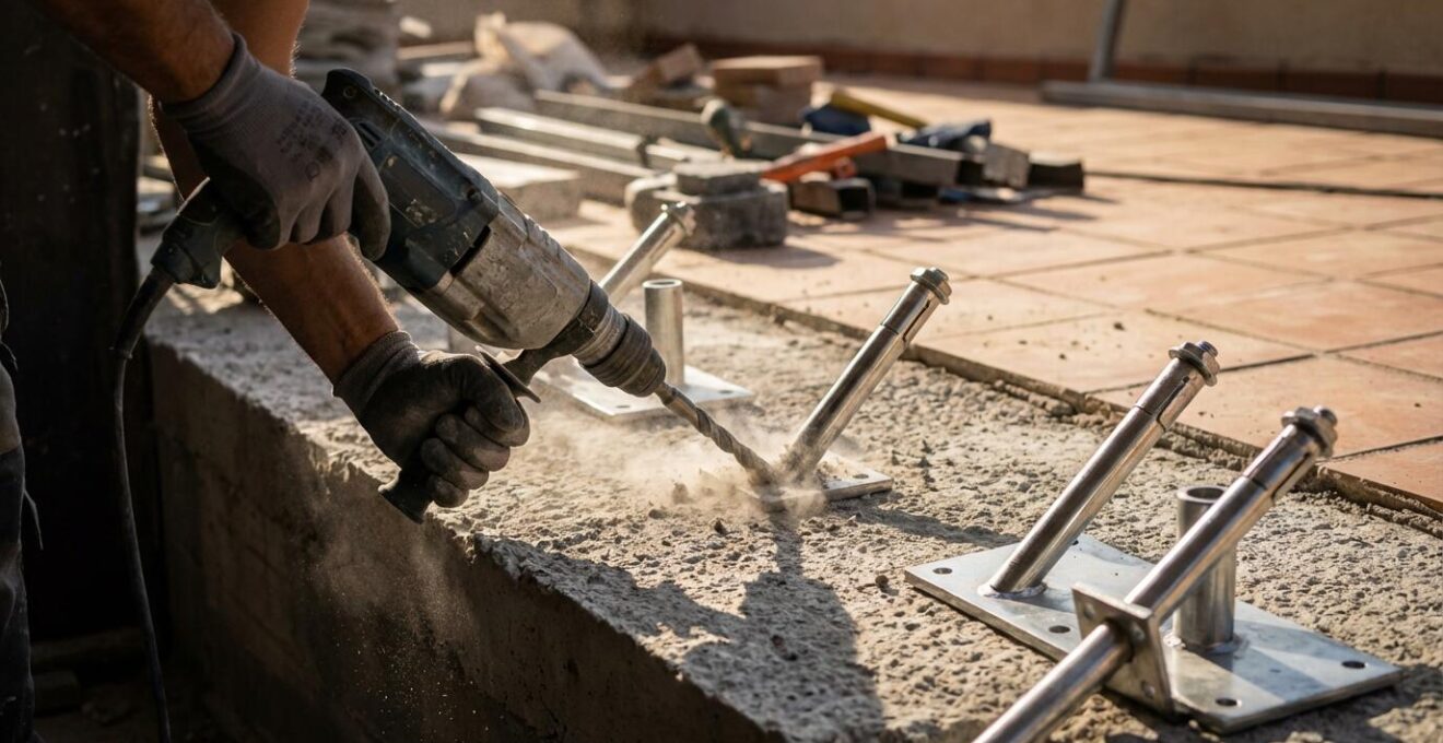 Sistema de anclaje profesional de pérgola bioclimática en base de hormigón armado