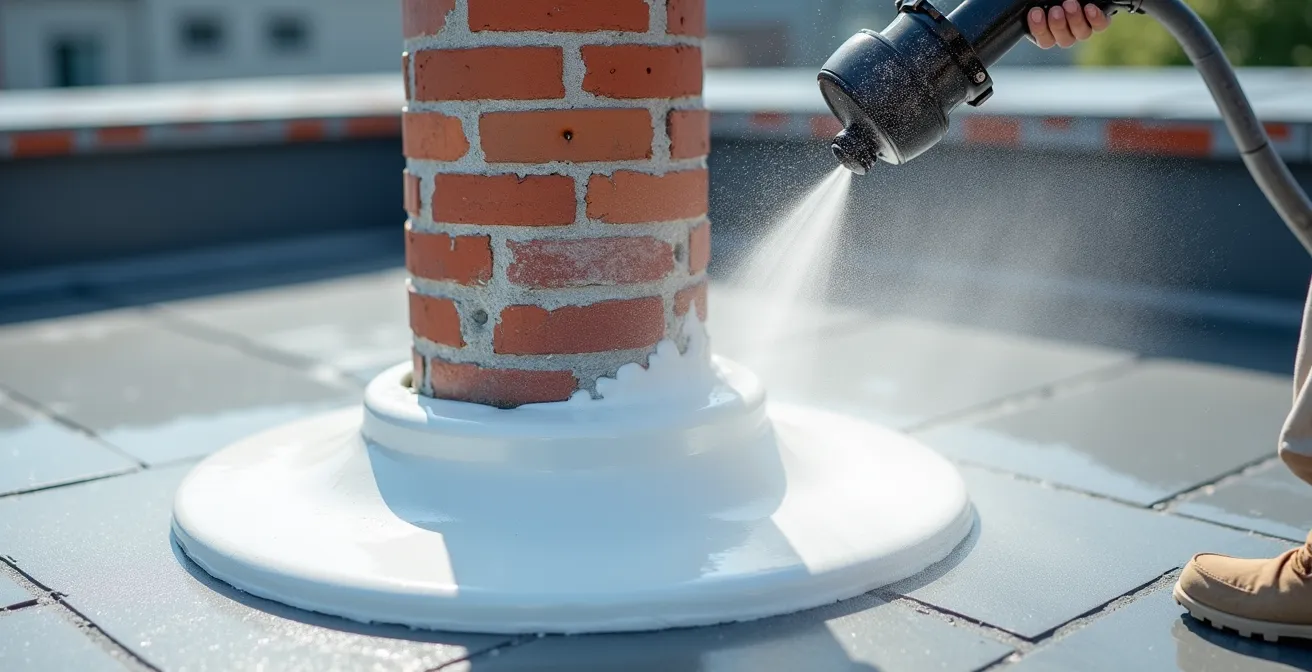 Aplicación de poliurea proyectada en encuentros con chimeneas en cubierta compleja