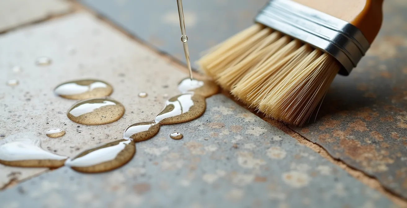 Mano aplicando sellador transparente sobre superficie de piedra caliza con brocha profesional