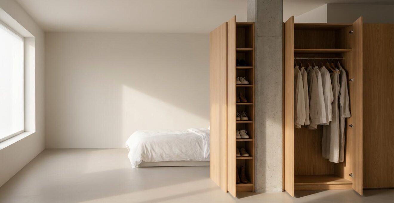 Armario empotrado moderno con columna estructural integrada y organización optimizada