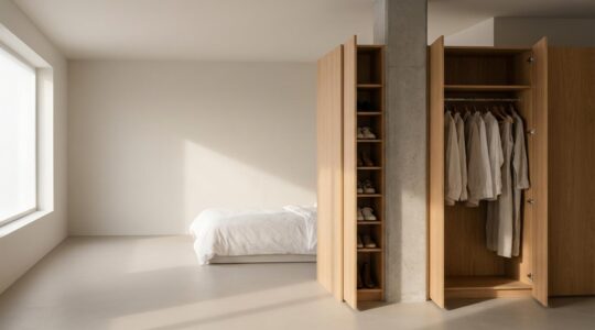 Armario empotrado moderno con columna estructural integrada y organización optimizada