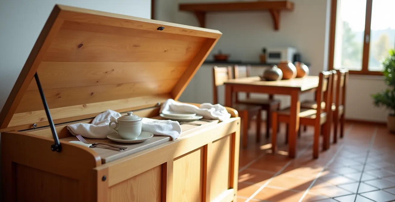 Cocina moderna española con banco-arcón de madera junto a mesa de comedor