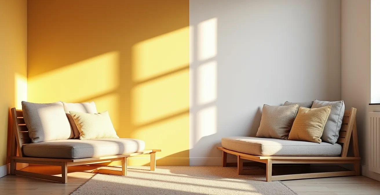 Comparación visual de diferentes temperaturas de luz en un salón nórdico español