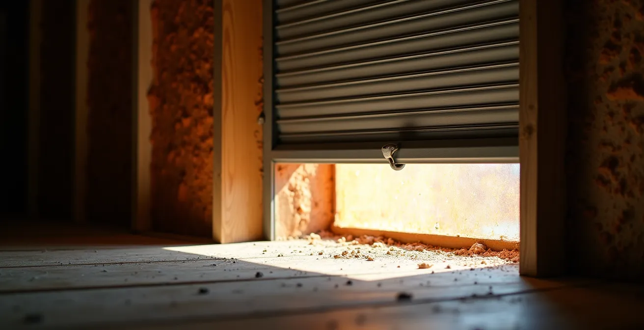 Vista interior de un cajón de persiana mostrando el aislante instalado y los puntos de sellado