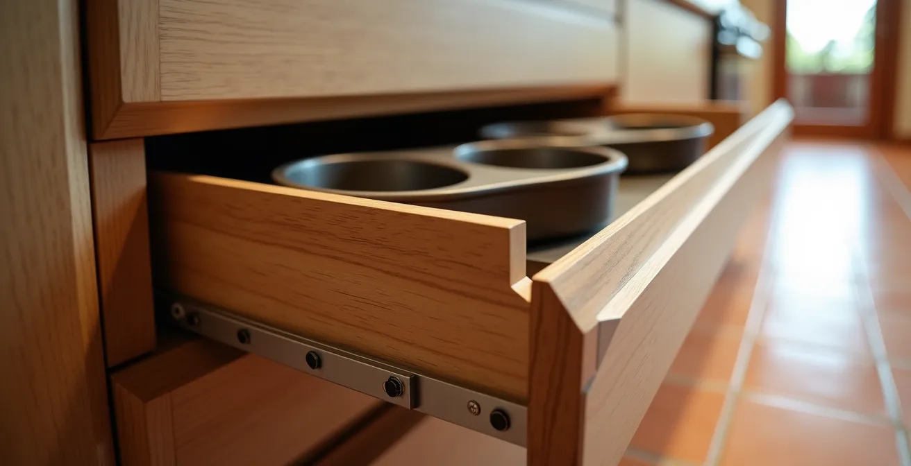 Detalle macro de cajón extraíble en zócalo de cocina con bandejas organizadas