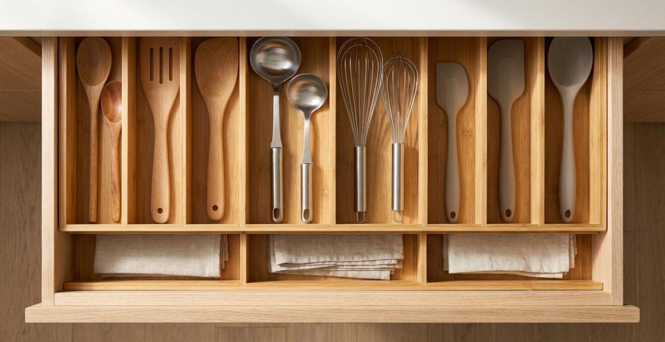 Vista cenital de cajones de cocina perfectamente organizados con separadores de bambú y sistema de doble fondo mostrando utensilios categorizados