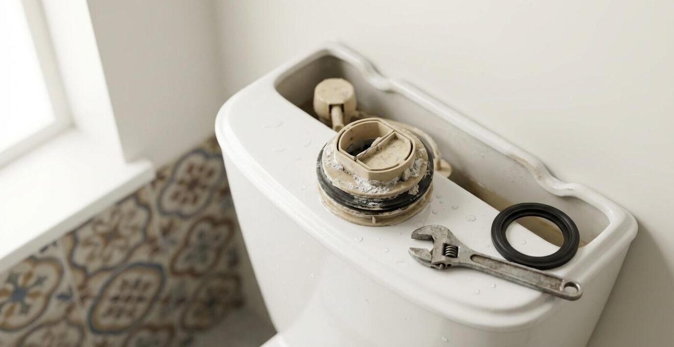 Vista detallada de un mecanismo de cisterna abierto con herramientas de reparación