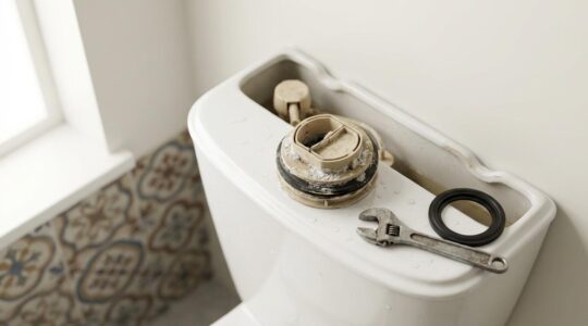 Vista detallada de un mecanismo de cisterna abierto con herramientas de reparación