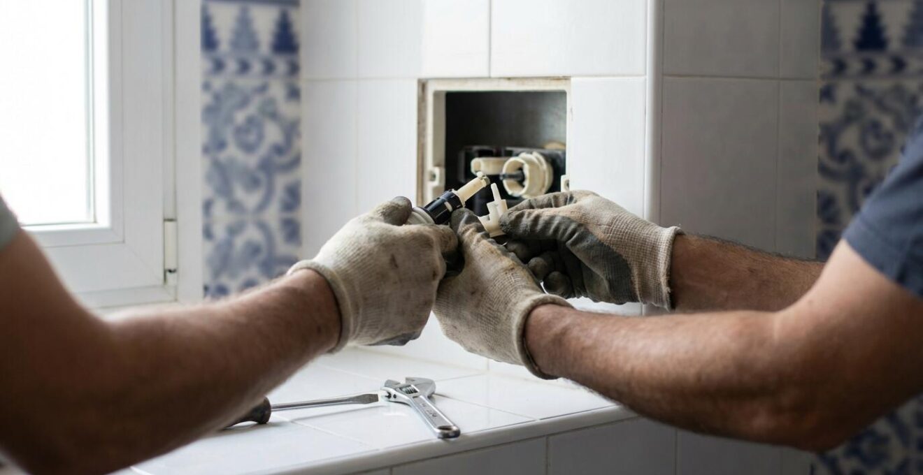 Manos de un técnico reparando una cisterna empotrada a través del hueco del pulsador, con herramientas sobre los azulejos.
