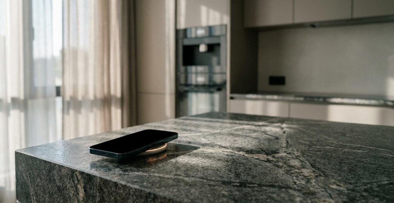 Cocina moderna con encimera de piedra natural donde se carga un móvil de forma inalámbrica