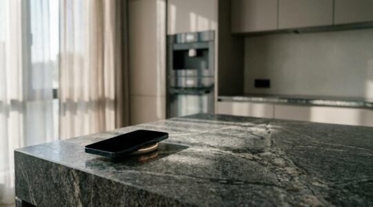 Cocina moderna con encimera de piedra natural donde se carga un móvil de forma inalámbrica