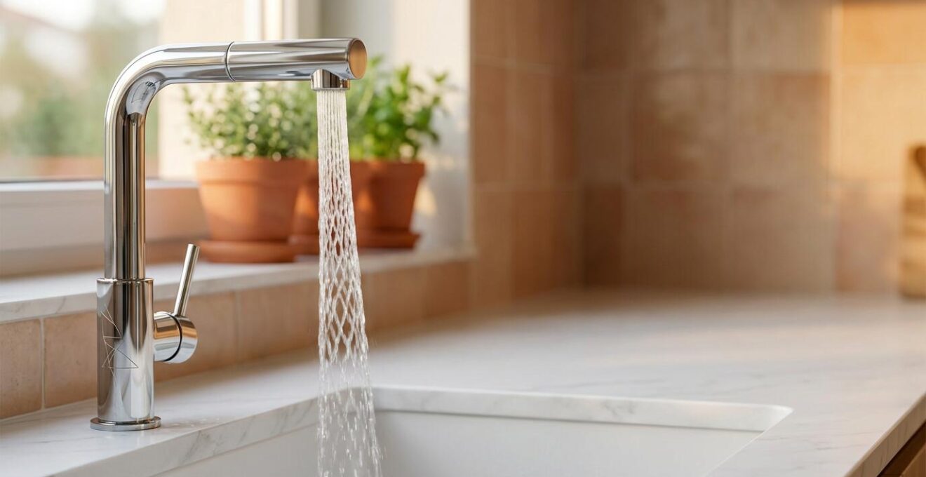 Cocina moderna con grifo de diseño mostrando el flujo de agua optimizado con aireador instalado