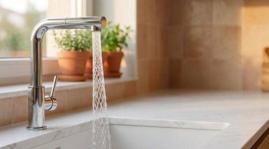 Cocina moderna con grifo de diseño mostrando el flujo de agua optimizado con aireador instalado