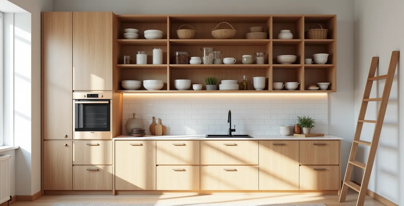 Cocina con armarios altos organizados por zonas de uso