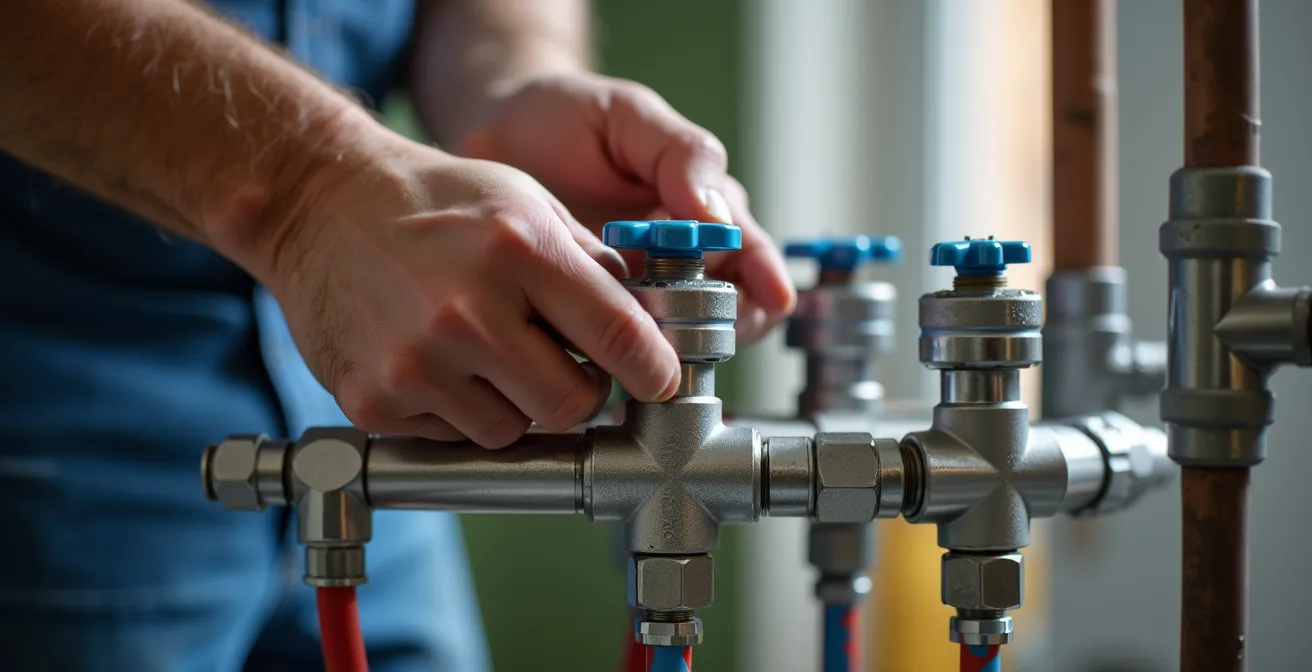 Técnico realizando purga de aire en colector de suelo radiante