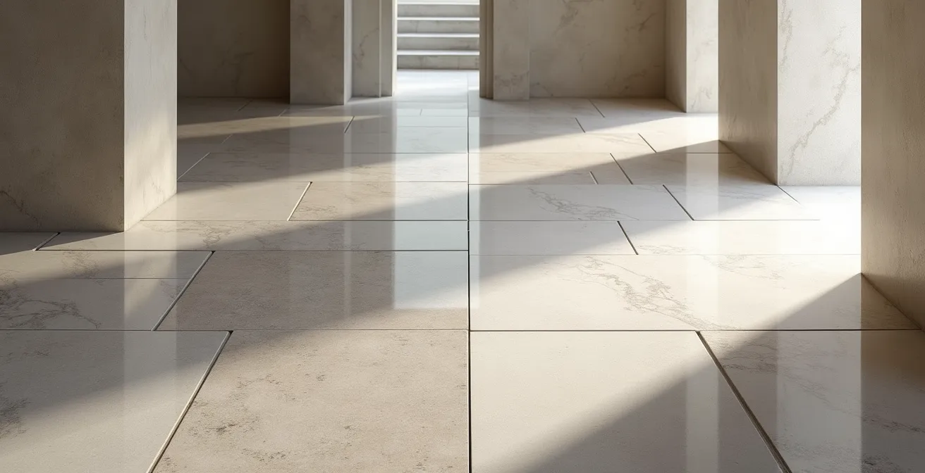 División visual entre acabado pulido brillante y apomazado mate en piedra caliza, mostrando diferencias de textura