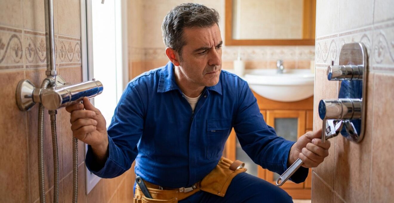 Comparación entre grifo termostático visto y empotrado en baño español