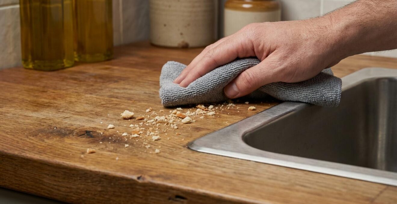 Comparación visual de limpieza entre fregadero bajo encimera y tradicional mostrando el barrido directo de migas