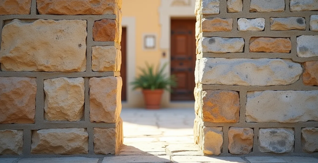 Vista detallada de muro antiguo mostrando diferencia entre mortero de cal y cemento