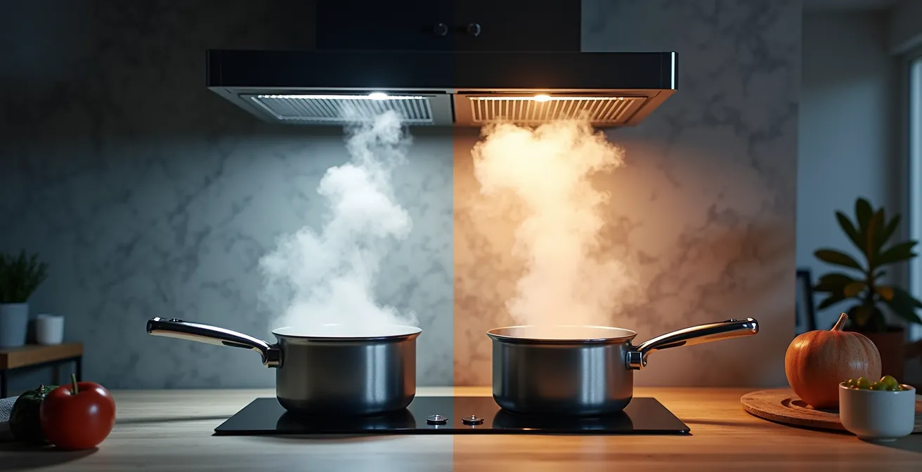 Comparación visual entre campana de 400 m³/h y 900 m³/h en cocina abierta de 30m²