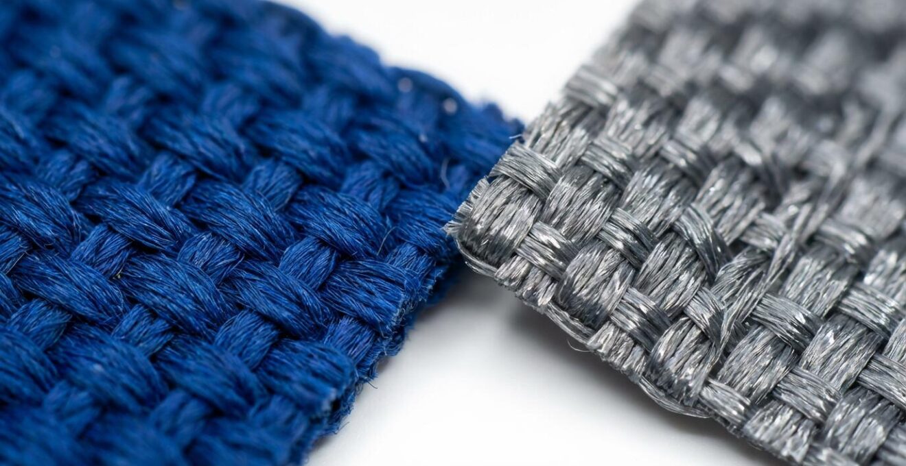 Detalle macro de tejidos acrílicos y poliéster mostrando diferencias en la estructura de fibras