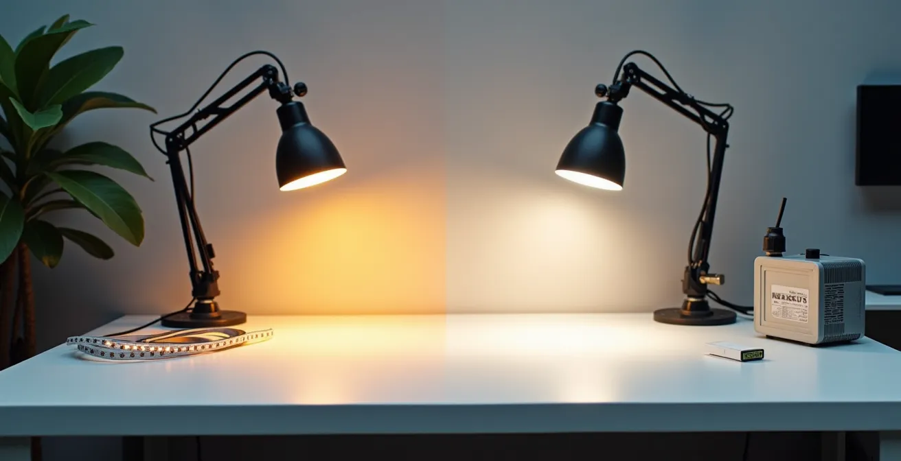 Comparación visual del rendimiento lumínico entre tiras LED de 12V y 24V en tramos largos