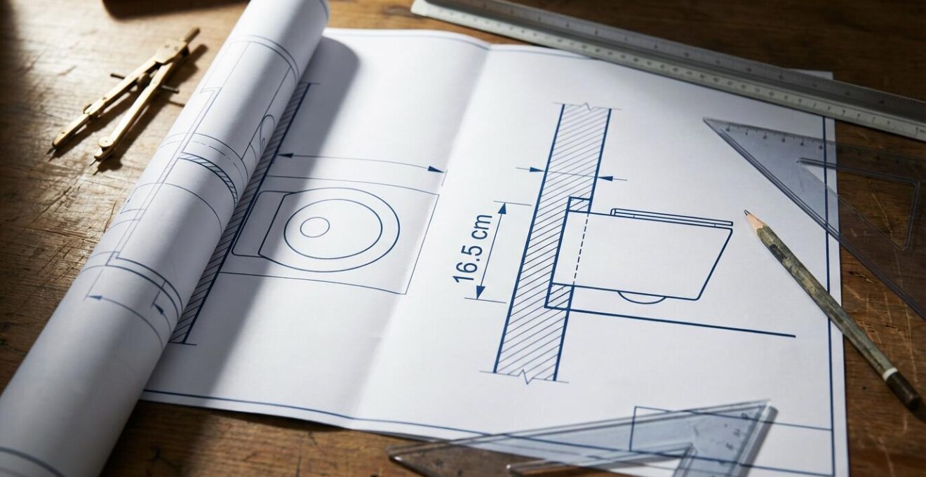 Vista cenital de plano arquitectónico de baño de 4m² mostrando ganancia de espacio