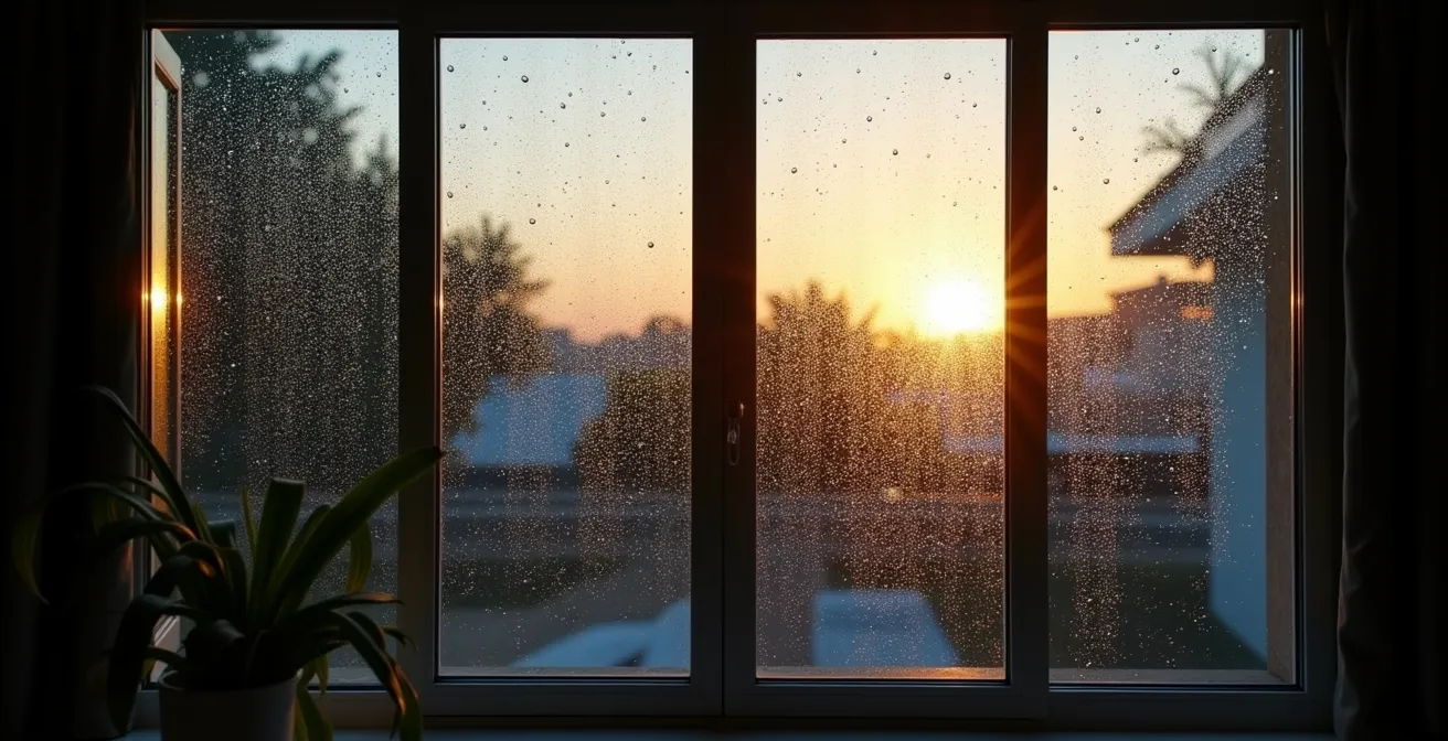 Detalle de condensación en ventana nueva sin ventilación adecuada