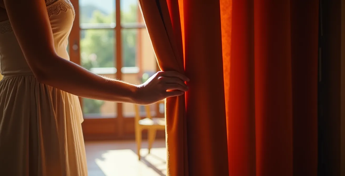 Cortina de terciopelo grueso dividiendo elegantemente un salón en dos zonas