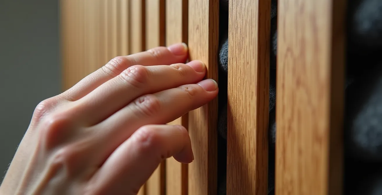 Vista macro de panel de listones de madera de roble con fieltro PET gris reciclado mostrando la textura y separación