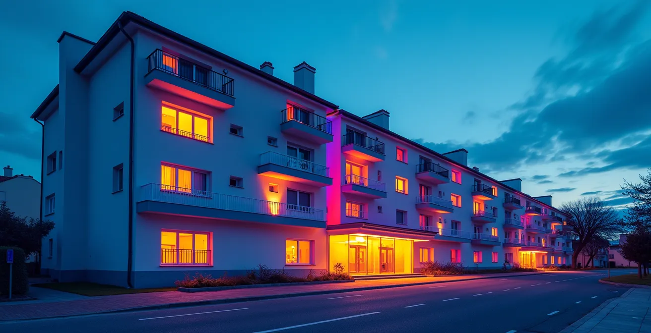 Vista termográfica de fachada mostrando pérdidas de calor por ventanas y muros