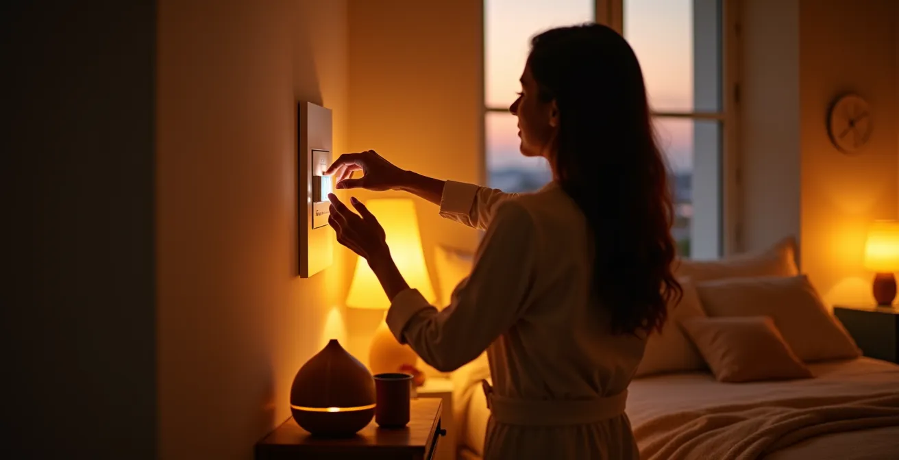 Persona ajustando un regulador de pared en un dormitorio, creando una atmósfera cálida y relajante al atardecer.