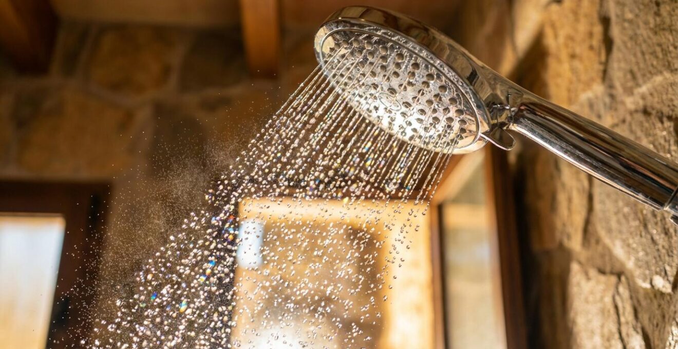 Plato de ducha moderno con alcachofa de bajo consumo en baño minimalista español