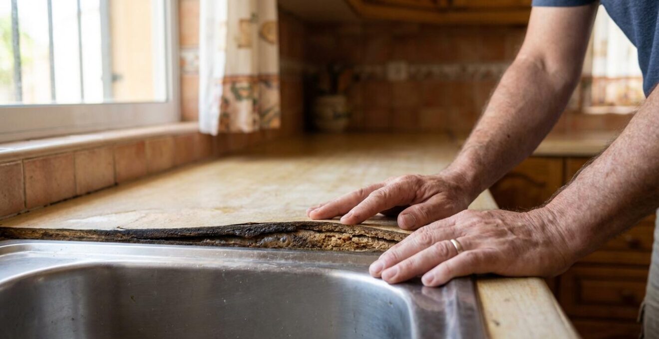 Detalle de encimera de aglomerado hinchada por infiltración de agua junto a fregadero