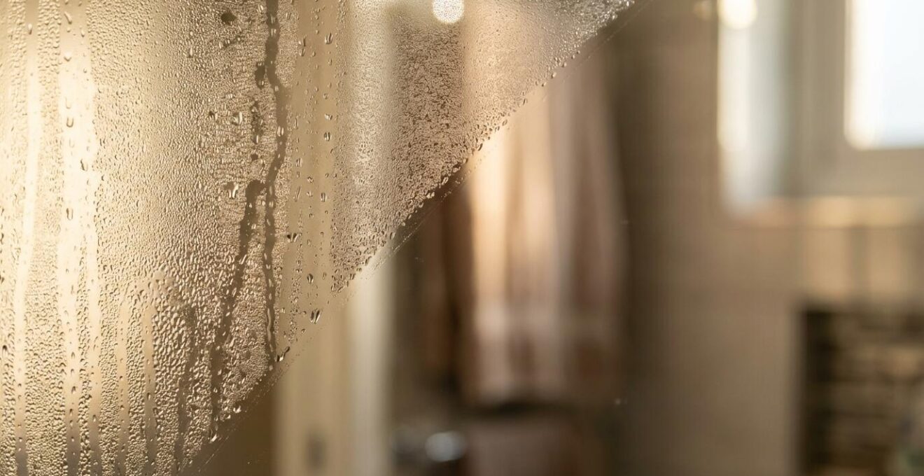 Espejo de baño moderno con sistema antivaho activado en ambiente de vapor