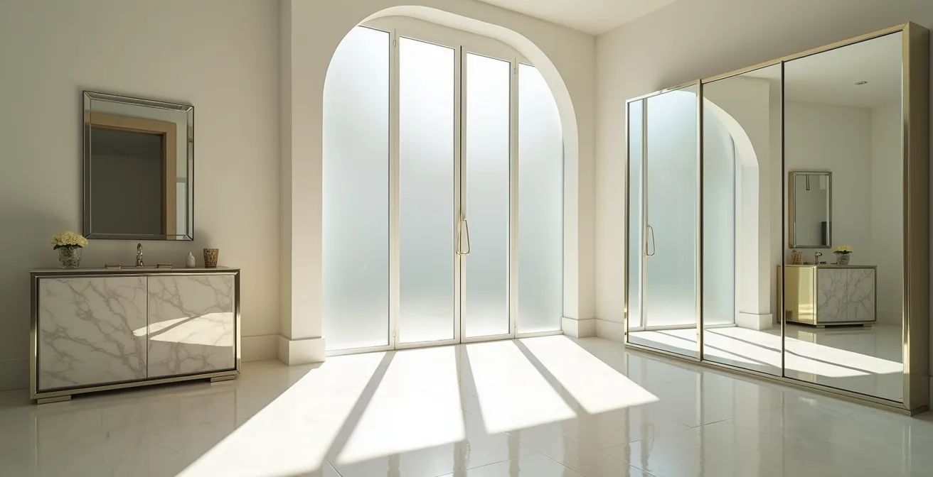 Espejos y superficies brillantes multiplicando la luz natural de un patio interior madrileño