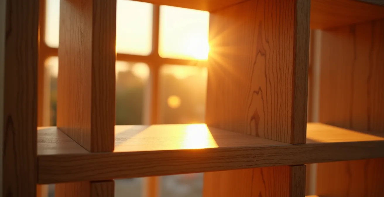 Detalle macro de estantería abierta con luz filtrándose entre los cubos