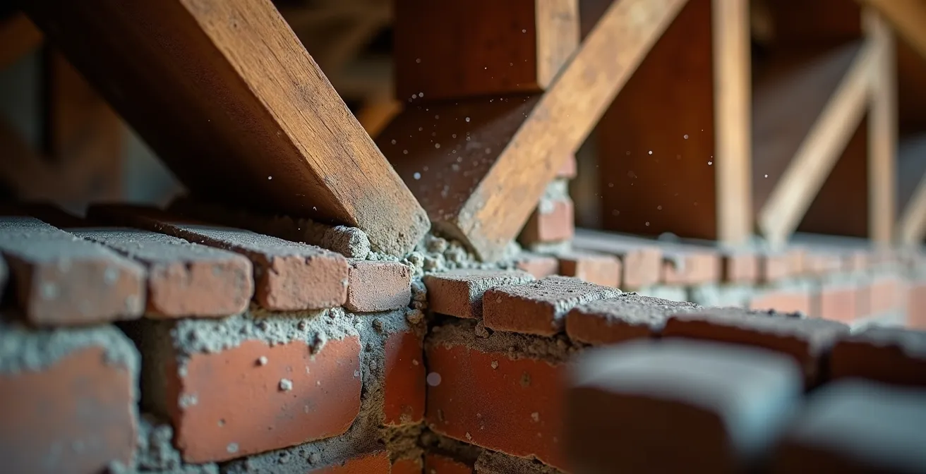 Vista detallada de vigas de madera y muros de carga en edificio histórico madrileño