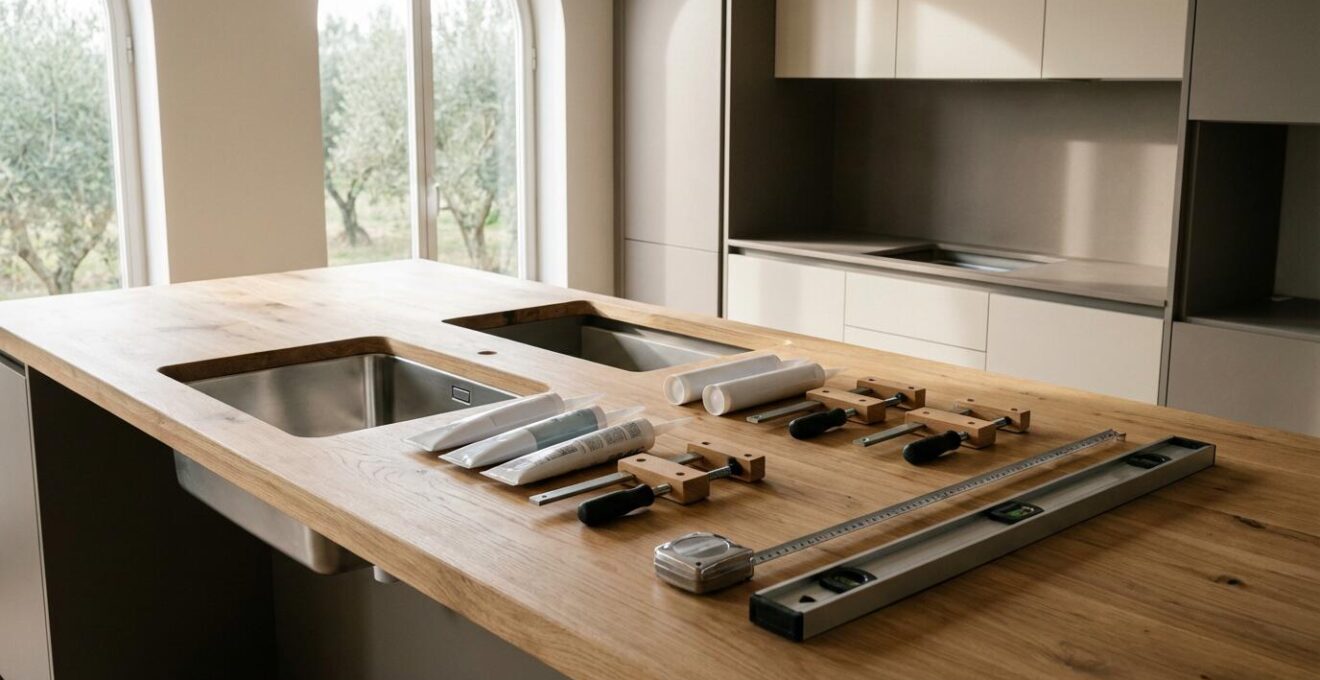 Vista detallada de instalación de fregadero bajo encimera en superficie de madera con herramientas profesionales