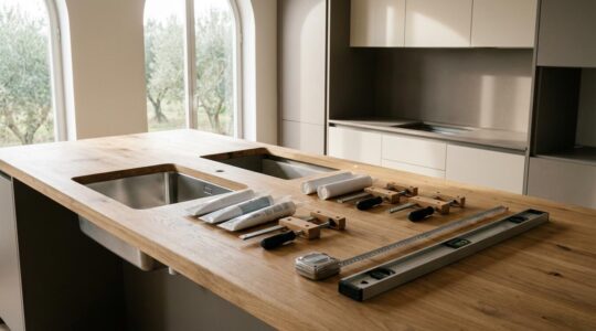 Vista detallada de instalación de fregadero bajo encimera en superficie de madera con herramientas profesionales