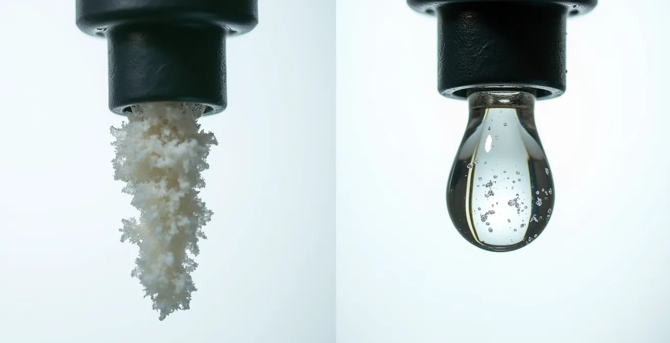 Comparación macro de gotero obstruido por cal versus gotero limpio funcionando