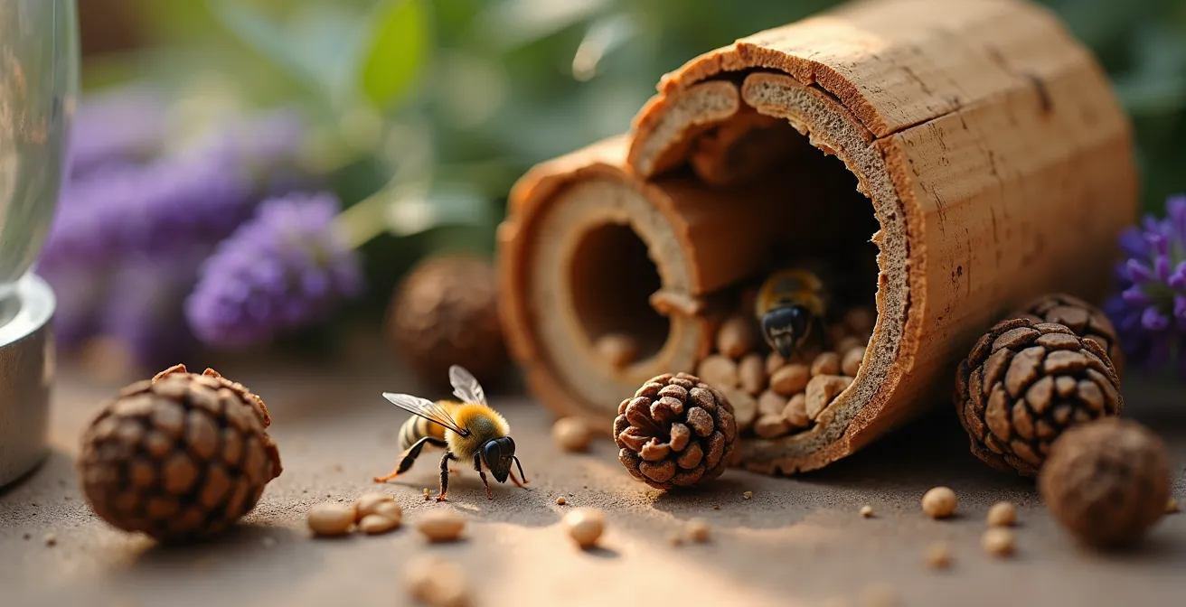 Hotel de insectos y bebedero para abejas en jardín mediterráneo