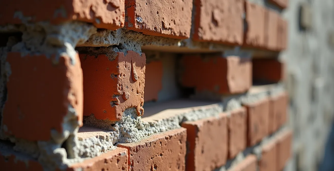 Detalle macro de la diferencia entre ladrillo macizo de muro de carga y ladrillo hueco de tabique