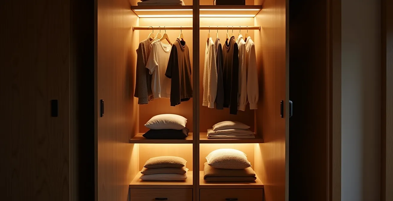 Vista ambiental de armario empotrado español con sistema LED activado por sensor mostrando ropa organizada
