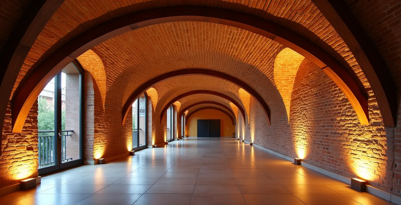 Sistema de iluminación LED indirecta en techo con volta catalana y vigas de madera restauradas