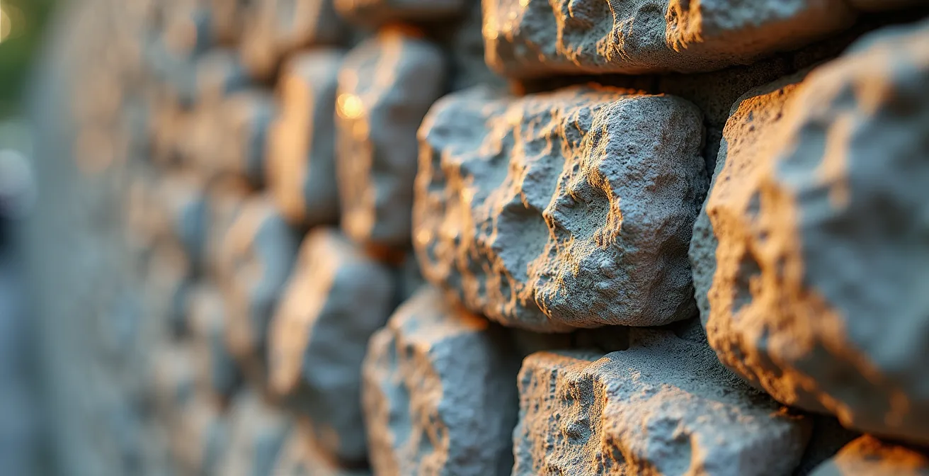 Detalle macro de muro de granito gallego mostrando su textura y densidad térmica