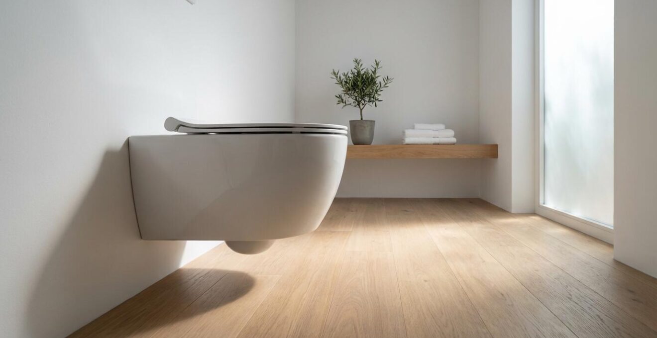 Baño moderno con inodoro suspendido flotante en pared blanca