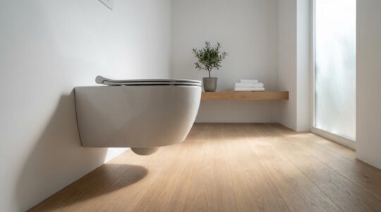 Baño moderno con inodoro suspendido flotante en pared blanca