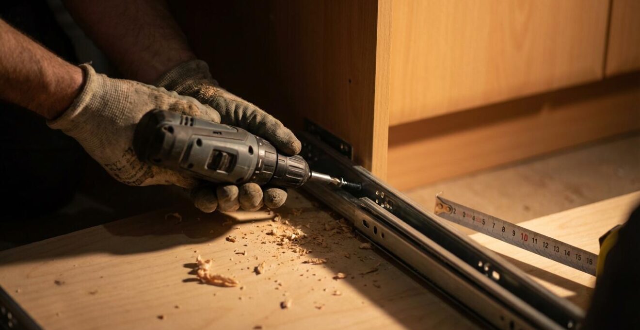 Instalación de cajón en zócalo de cocina mostrando guías telescópicas y herramientas