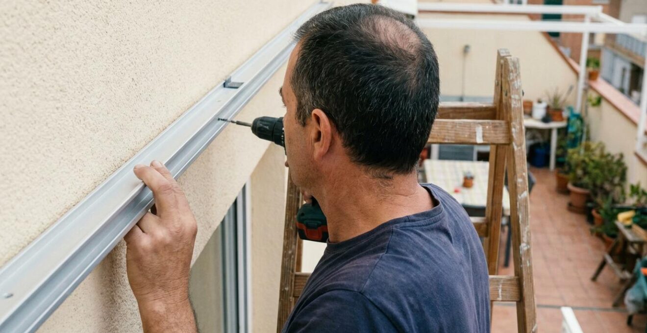 Hombre instalando carril de aluminio de toldo en fachada con taladro